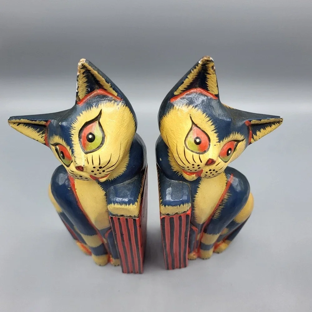 Wooden Cat Bookends Hand Painted Folk Art Colorful Shelf Decor Blue Yellow Red